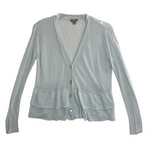 J. Jill M Medium Cardigan Ruffle Womens Blue Long Sleeve Button Linen Knit $89